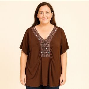 Cato Brown Bohemian Beaded Flowy Plus Size Tunic 26/28